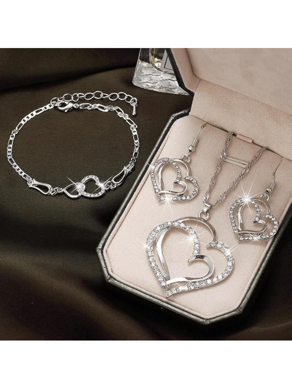 NWT No Label Silver 4PCS/Pack Luxury Double Heart Jewelry Set